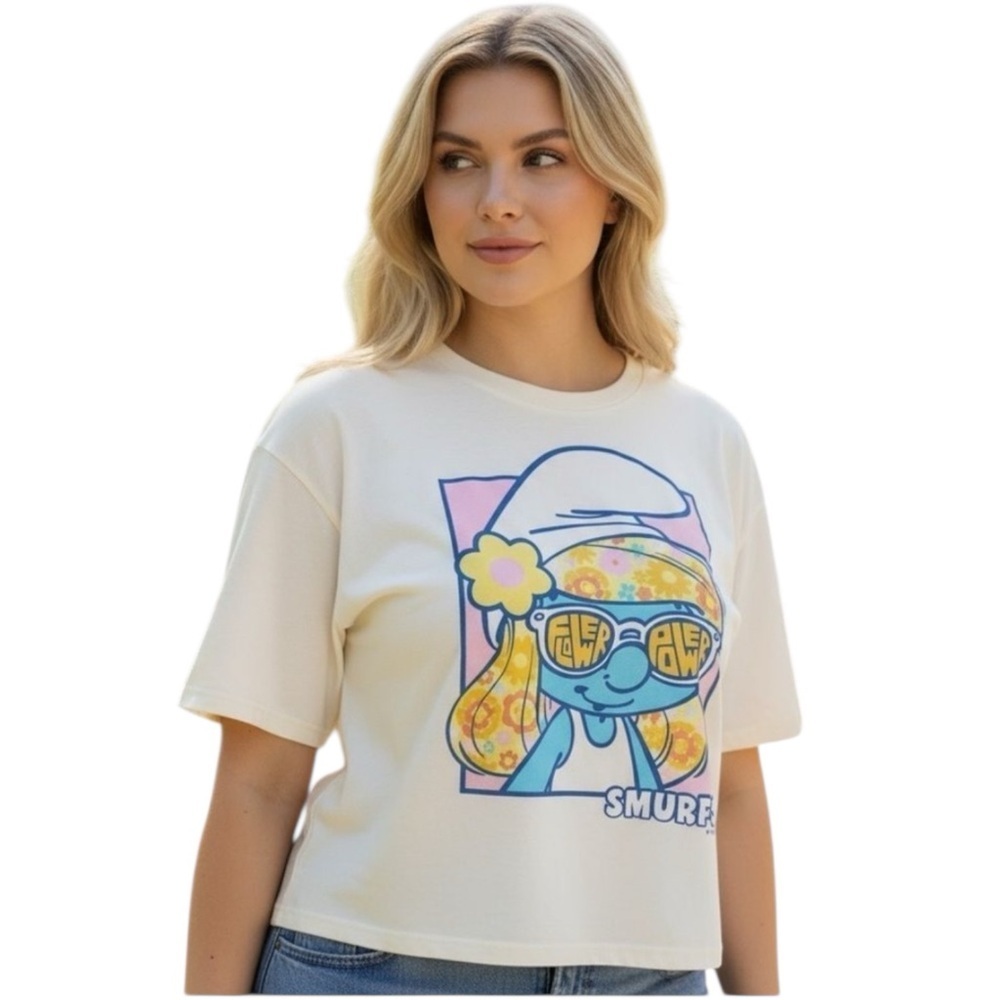 X Unique Vintage White Smurfette Boxy Cropped Soft Short Sleeve T-shirt 2X/18